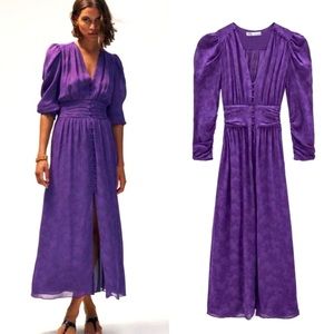 ZARA JACQUARD PUFF SLEEVE MIDI DRESS